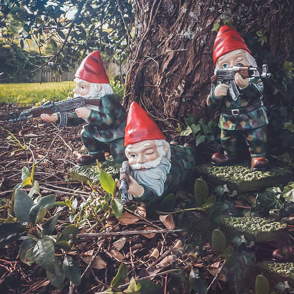 garden gnomes, tactical gnomes, gnomes, garden figures
